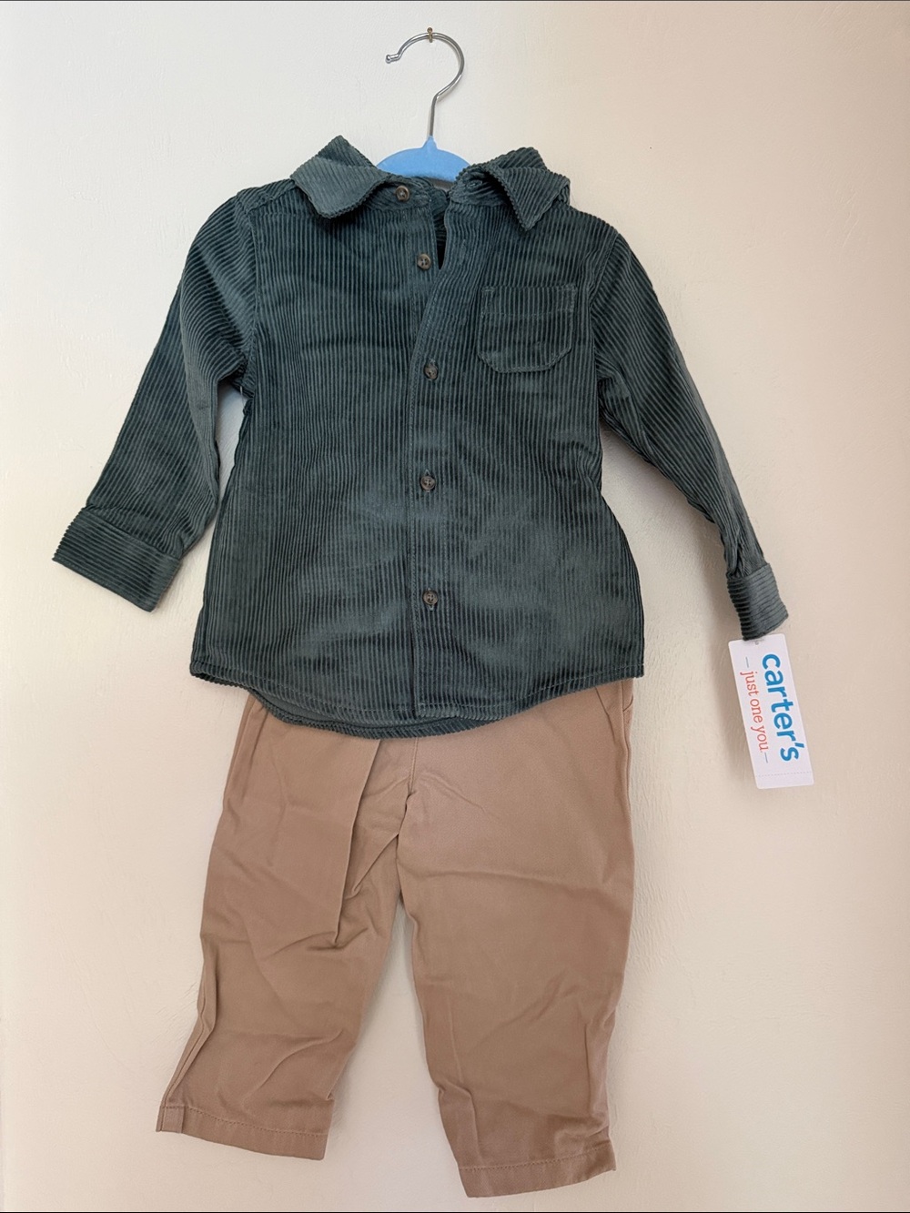 Carter's Just One You - Green Corduroy Button-Up with Tan Pants Set